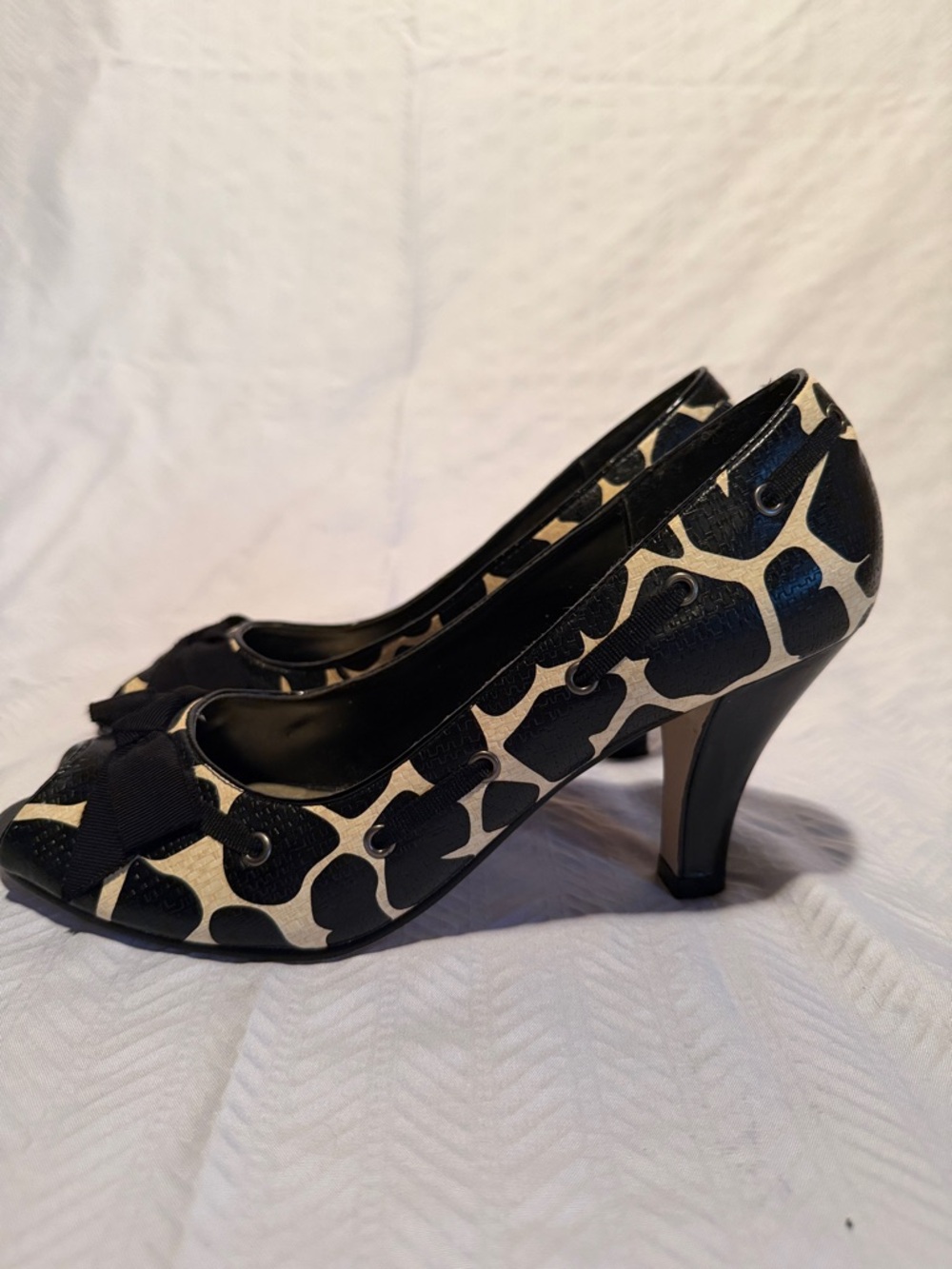 Madden Girl Black and Beige Peep-Toe Heels with Bow Accent - Picture 3 of 8